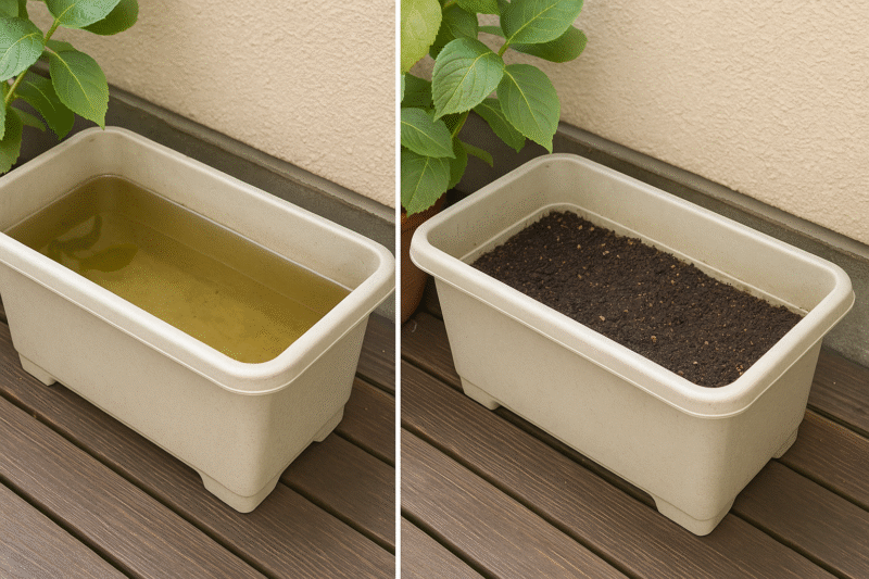 h3-2：水が溜まったプランターと、掃除後の比較図