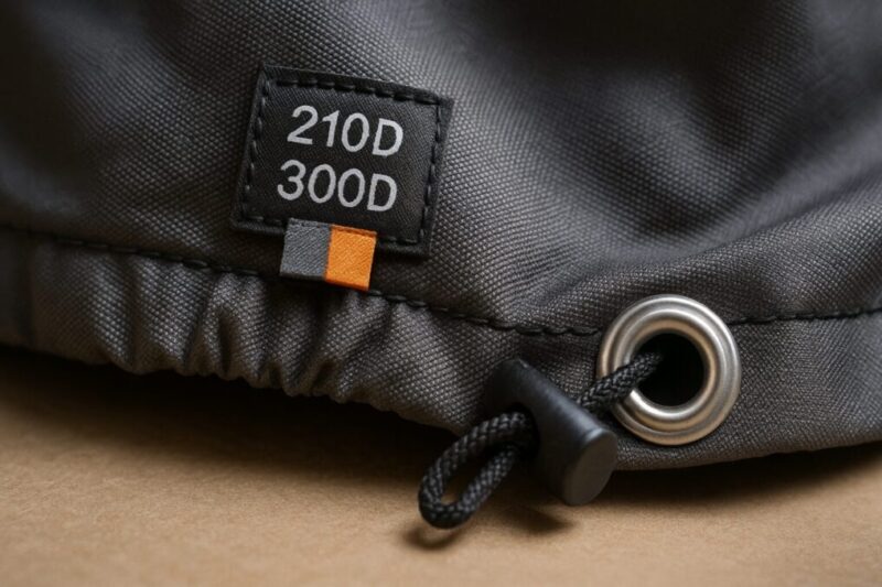 210D300Dのタグ、裾ゴム、鍵穴のディテールを寄りでイメージ