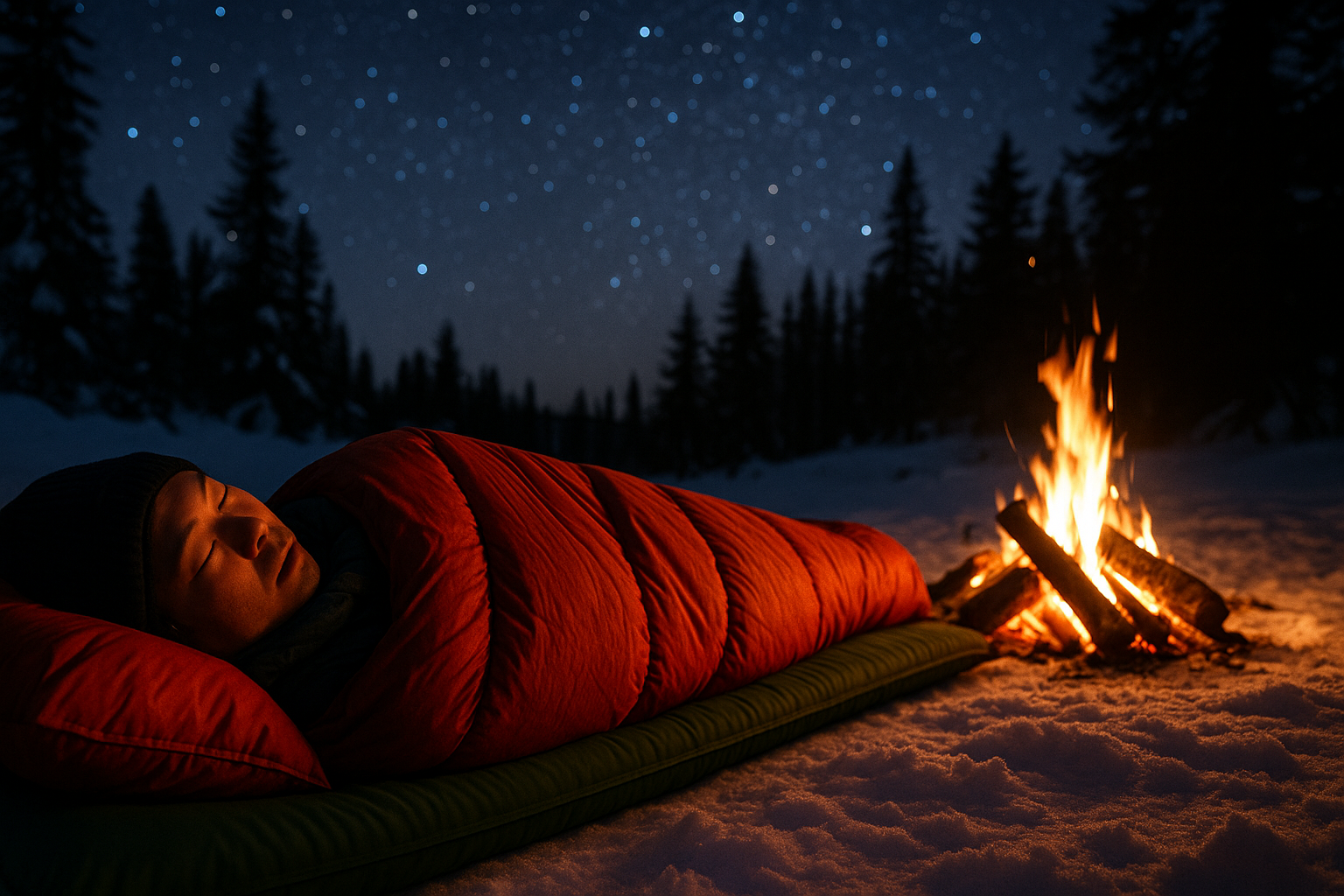 雪中キャンプの夜にモンドキング3Dの上で眠る人物（焚き火と満天の星空背景）イメージ