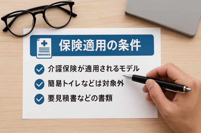 画像案:保険適用に関する日本語資料を指差している場面(書類・眼鏡・ペン・机上レイアウト)