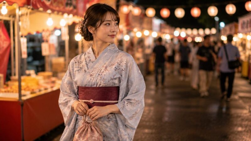 25歳前後の女性が可愛さと大人っぽさを両立した浴衣を着ている様子