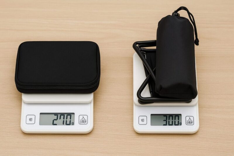 270g級の小物とmimireの折りたたみ椅子300gを並べ、重量差の小ささをイメージで示す写真