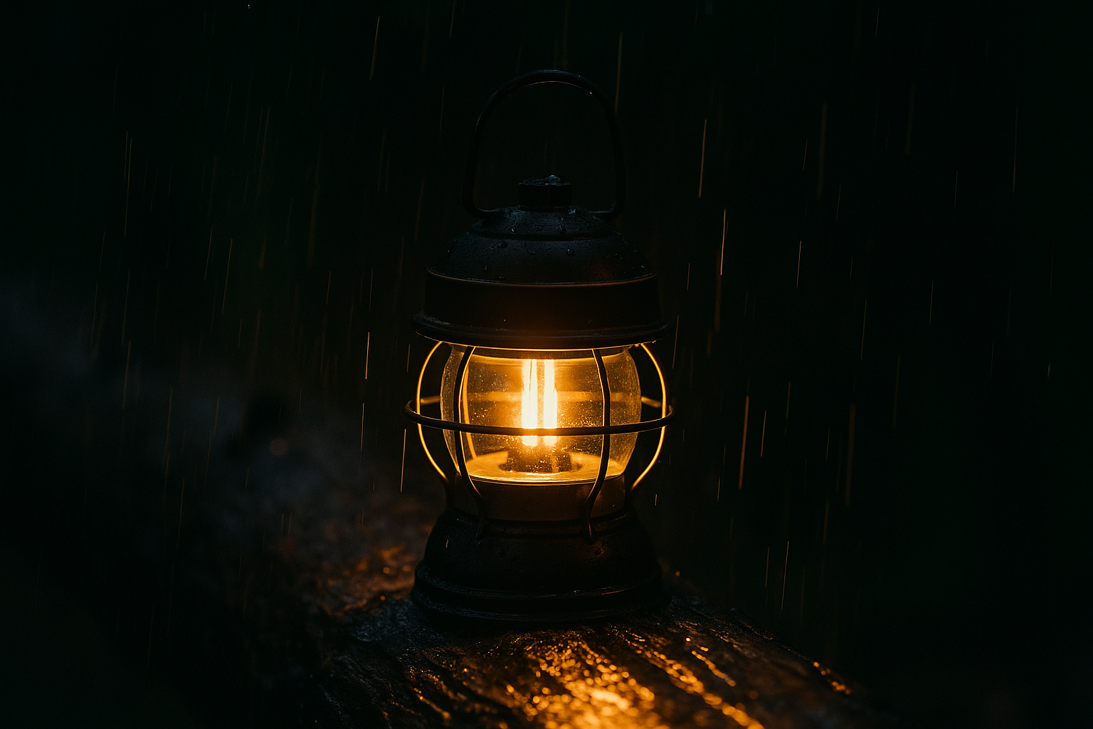 夜間の屋外で雨に濡れた木の上に置かれたランタンが点灯している様子。イメージ