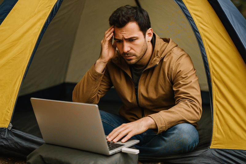 テント内でノートPCのWiFiが繋がらず困っている男性イメージ