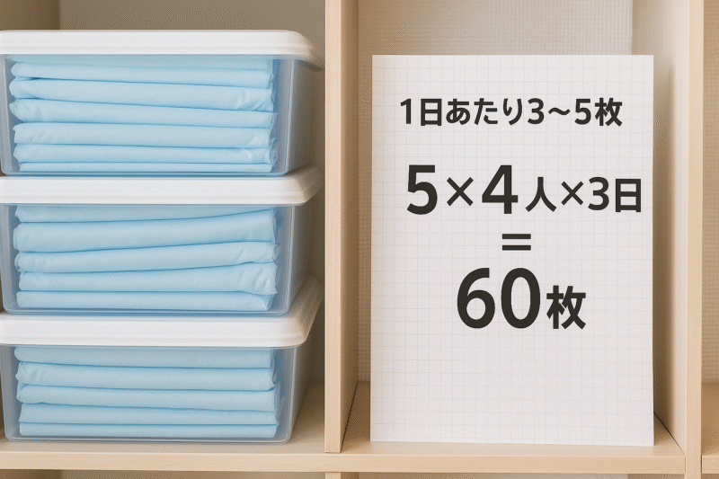 画像案:3人家族×3日分=60枚という計算がグラフ用紙に書かれ、備蓄用簡易トイレ袋が整理された棚と並んでいる様子