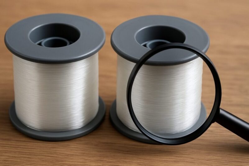 2つの無地スプールとルーペを使ってフロロカーボンラインの違いをチェックしているイメージ写真