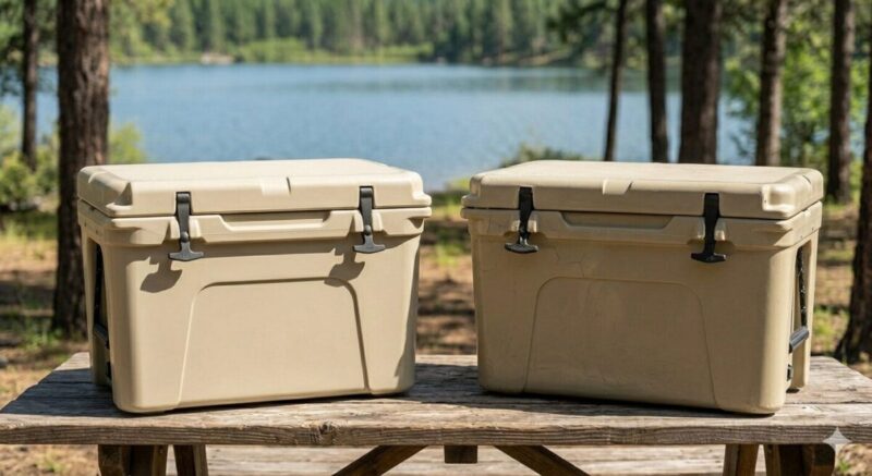 2つの頑丈なクーラーボックスのラッチシステムを接写している。