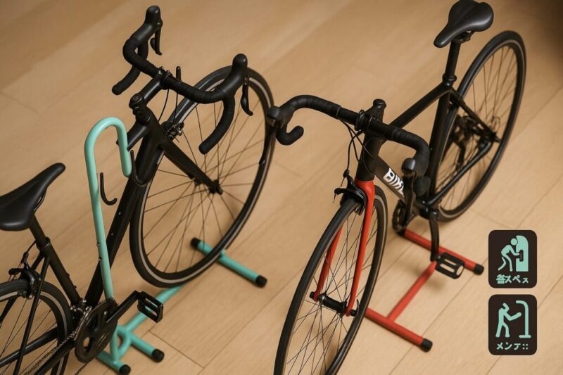 2台運用時の安定配置。色違いの自転車スタンドを互い違いに置いて取り違えを防ぐ。