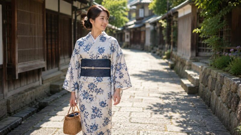 30代女性が清楚で上品な浴衣コーデで石畳を歩く様子