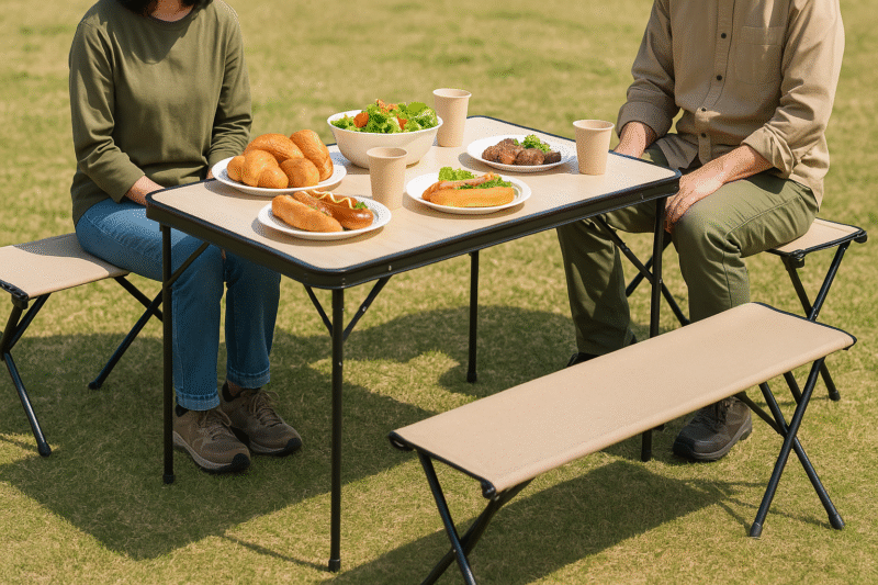 ベンチとテーブルを並べたアウトドア食事シーン