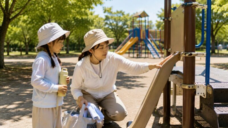 35度を超える日に遊具の熱さを確認する親子