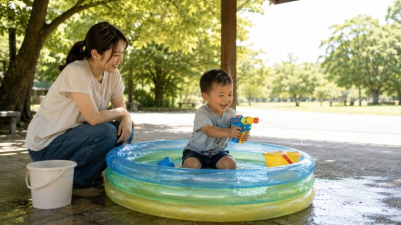 37度の日に日陰で水遊びを楽しむ親子