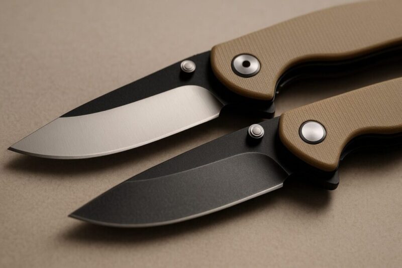 3Cr13とD2の特性差を質感で比較するため、サテン刃とストーンウォッシュ刃の2本を無地背景で並べた写真。