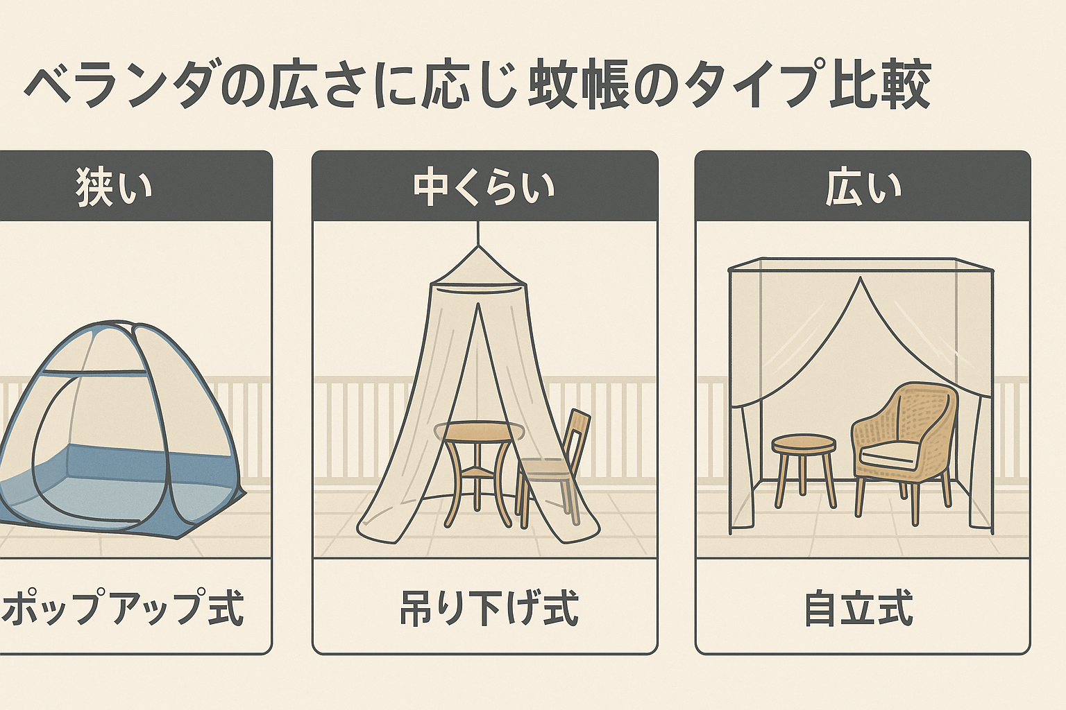 ベランダの広さに応じた蚊帳のタイプ比較図（ポップアップ・吊り下げ・自立）