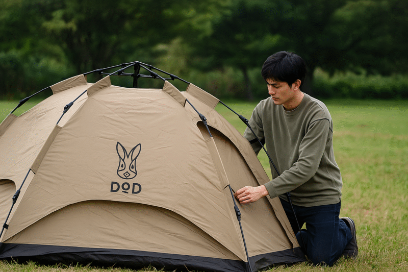 テント設営に集中する若い男性キャンパーが、DODワンタッチテントの骨組みを組み立てる様子
