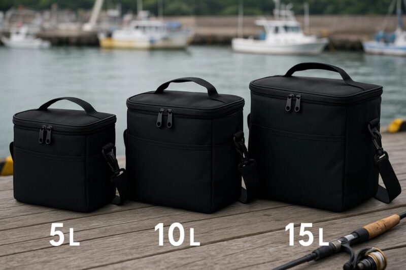 3つのサイズの無地ソフトクーラー（5L・10L・15L）。