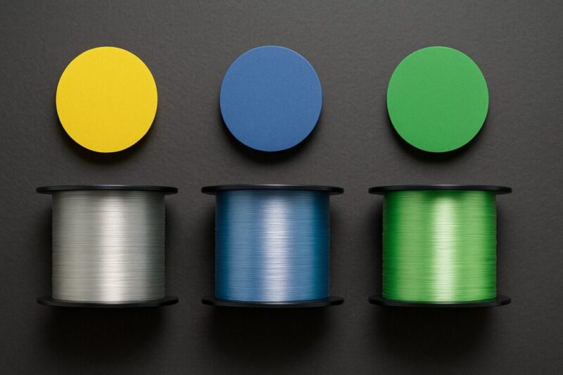 3つの無地スプールと色違いの丸プレートを並べて、異なるPEラインメーカーを比較するイメージ