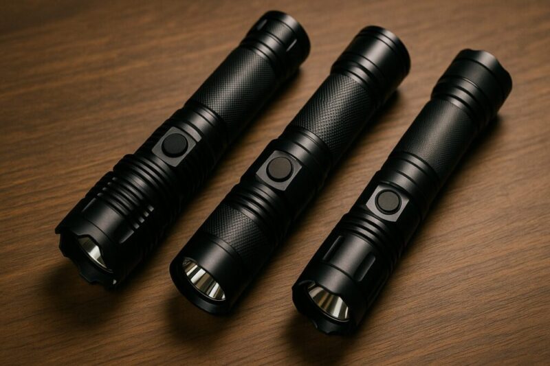 3本の無地タクティカルライト（サイズやベゼル形状が少しずつ違う）を斜めに並べた比較ショット。
