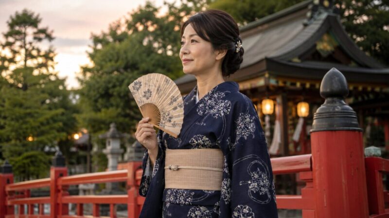 40代女性が古典柄の浴衣を落ち着いた配色で着こなす様子