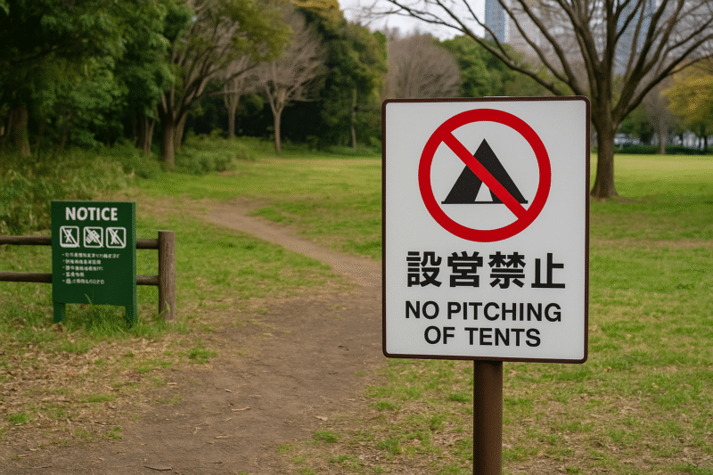 NGな公園の特徴:自然保護区や都市公園で「設営禁止」看板とともに空間を写す。
