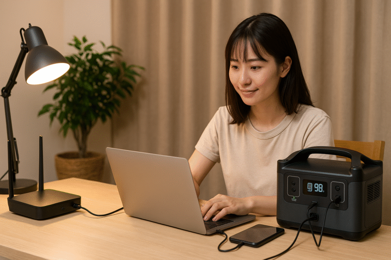 室内でノートPC・ルーター・LED照明などをポータブル電源で稼働させている様子
