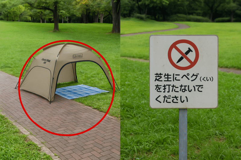 違法性・マナー違反例:公園でルール違反とされる事例(通路ふさぎ、ペグ打ち看板)をまとめた写真。