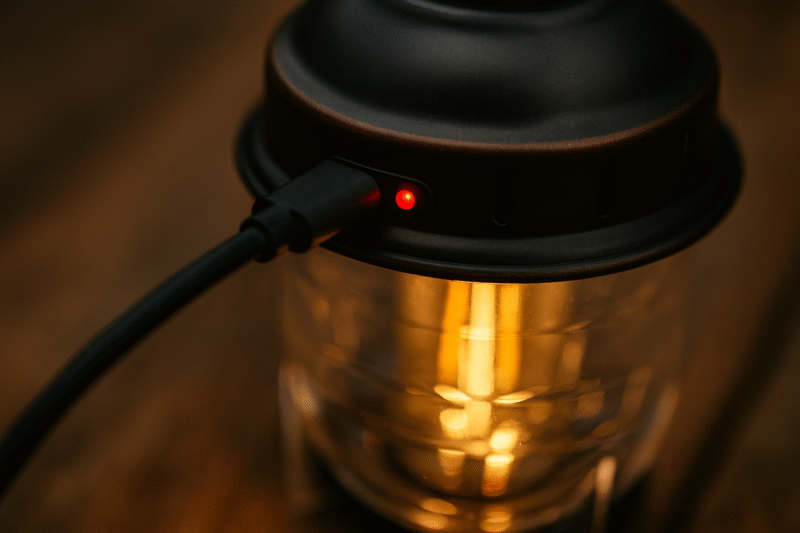 充電ケーブルに接続されたランタンが赤ランプを点灯させているクローズアップショット。イメージ