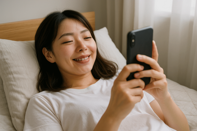 スマホでレビューを見いている女性イメージ
