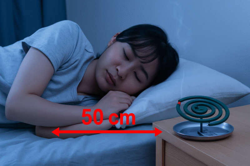 寝ている人物と蚊取り線香の距離を図解した画像