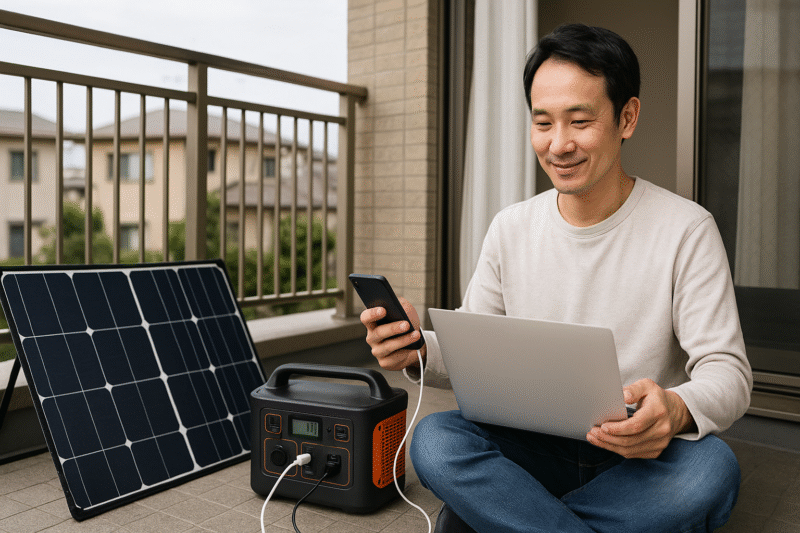 ベランダでソーラーパネルからポータブル電源に充電しつつ、ノートPCやスマホを充電しているシーン