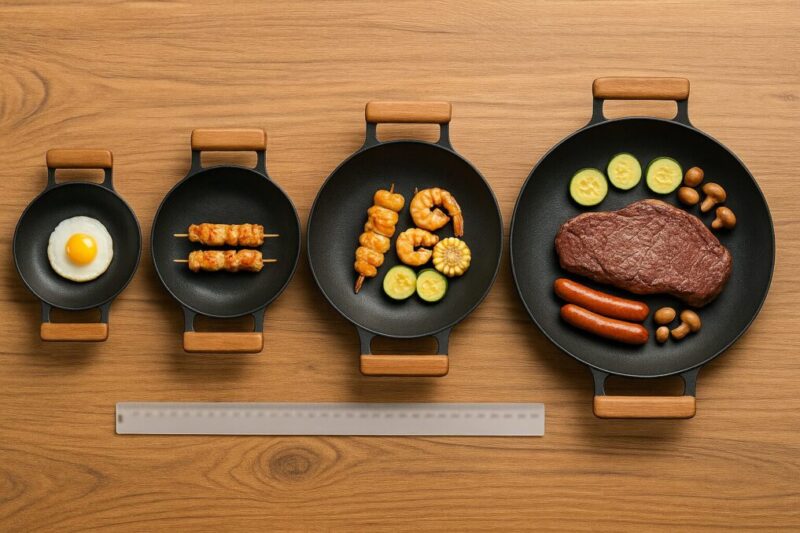 4サイズの無地グリドルを俯瞰で並べ、料理の量で使える人数感を示した比較イメージ。