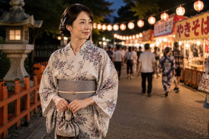 50代以上の女性が明るさを残した上品な浴衣で夏祭りを楽しむ様子