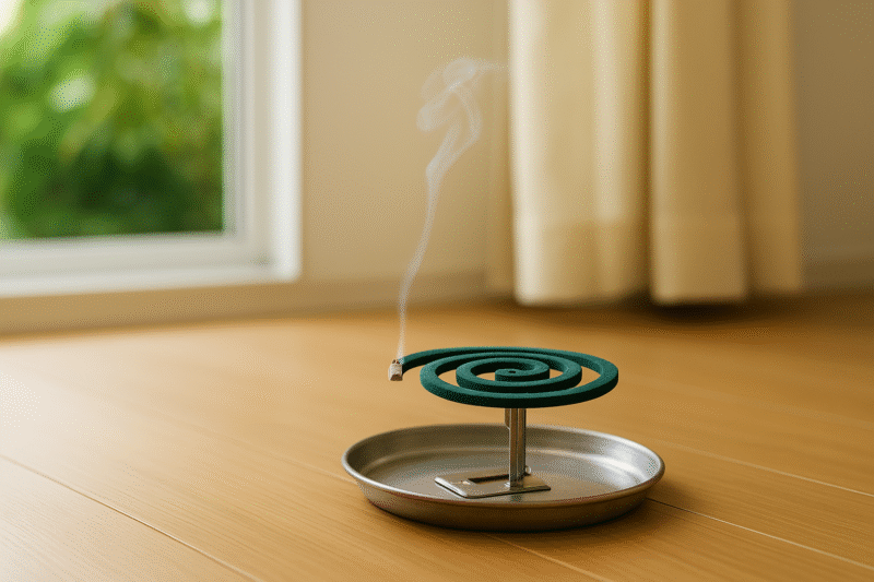窓を開けた室内で蚊取り線香を炊いている様子