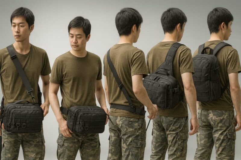 5WAYの使い分け例（ショルダー・スリング・ウエスト・クロス・リュック）を日本人モデルで比較。