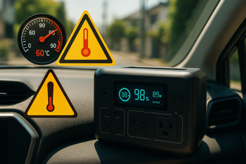 車内の温度計が60℃を示すダッシュボードに置かれたポータブル電源と「警告アイコン」