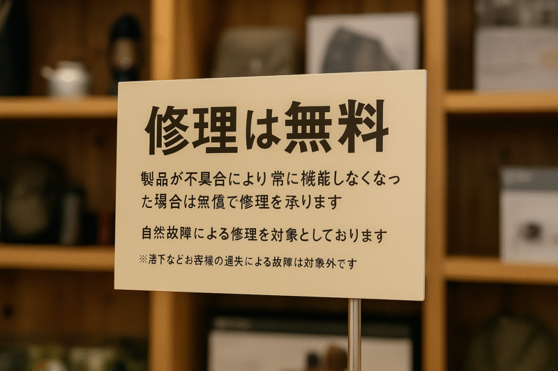 修理無料：無料修理に関する注意書きがある案内板
