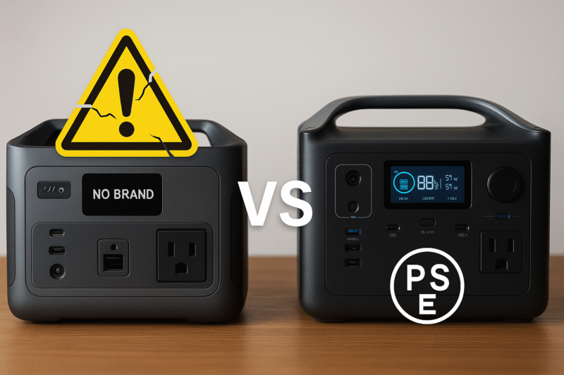 安価なノーブランド製品とPSEマーク付き製品の対比構図(安全vs危険)