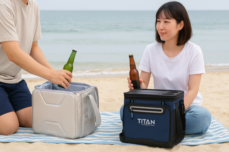 保冷バッグとクーラーボックスの両方を使ってビーチで飲み物を冷やしているシーン比較
文字なし