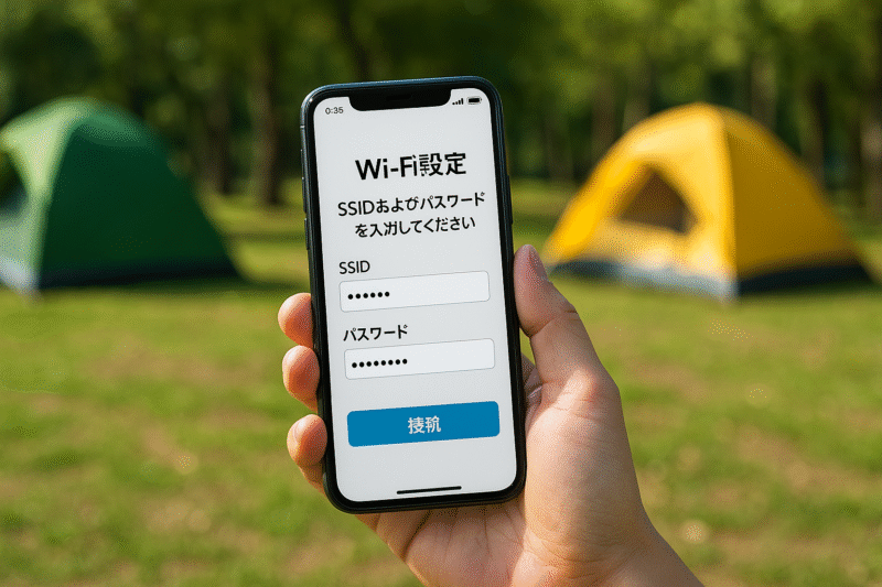 Wi-Fi設定(SSIDとパスワード入力画面)が日本語で表示されているイメージ