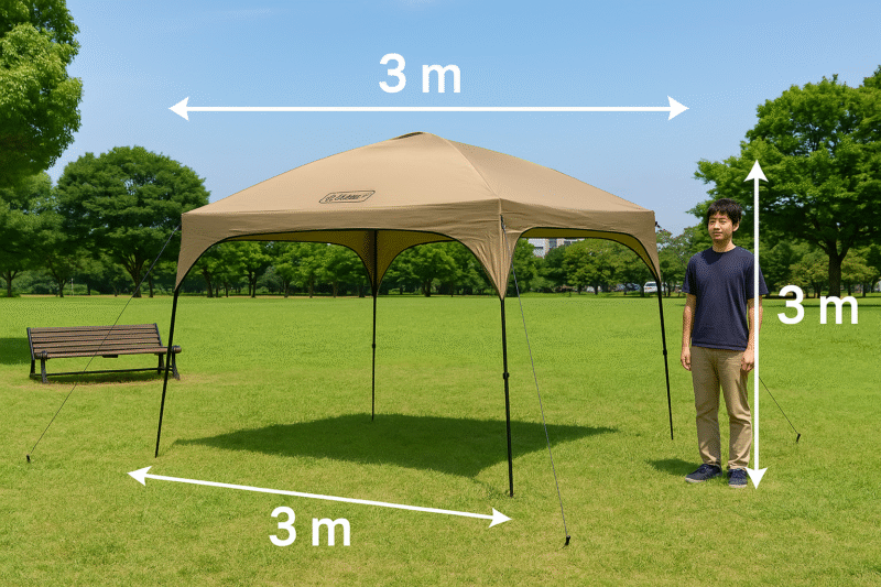 設営サイズの目安:3m×3mサイズとベンチや人との対比でサイズ感を視覚化。