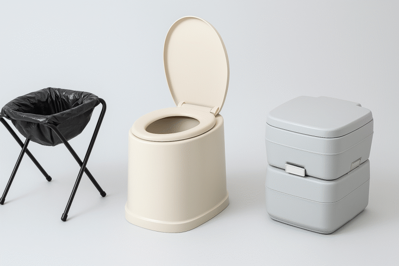 画像案:簡易・家庭用・高機能の3タイプのポータブルトイレを並べた比較構図(左から右)