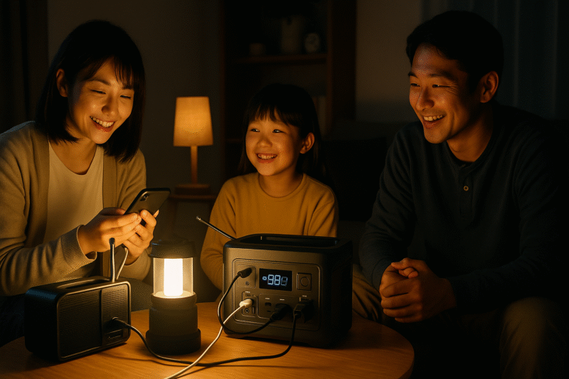 停電中の家庭で、ポータブル電源からスマホ・ラジオ・照明を動かしている様子(家族が安心している場面)