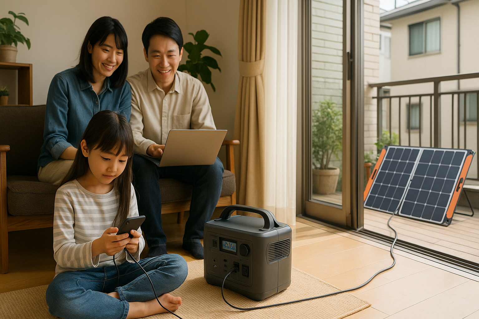 「節電・非常時対策の一環としてポータブル電源とソーラーパネルを併用している家族の様子」