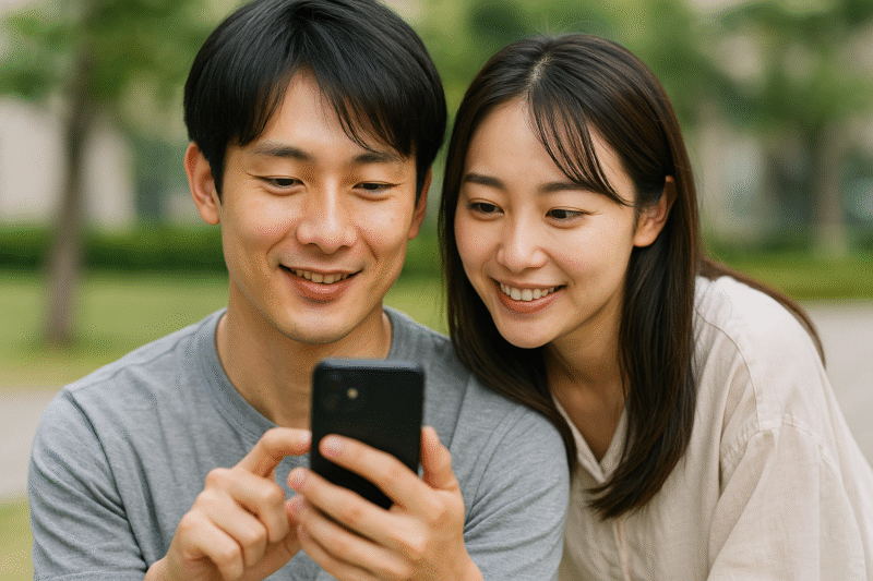 スマホで口コミを見ているカップルの画像イメージ