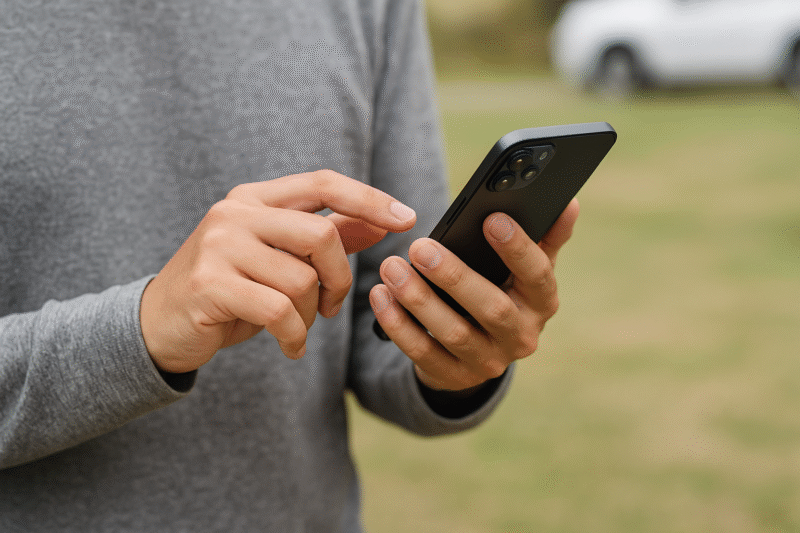 口コミをスマホに投稿している様子