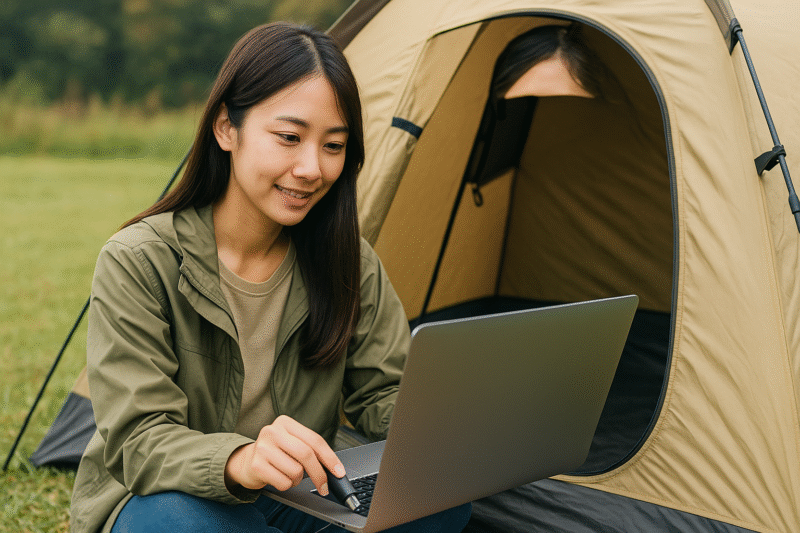 テントの前でPCでネット利用しているイメージ