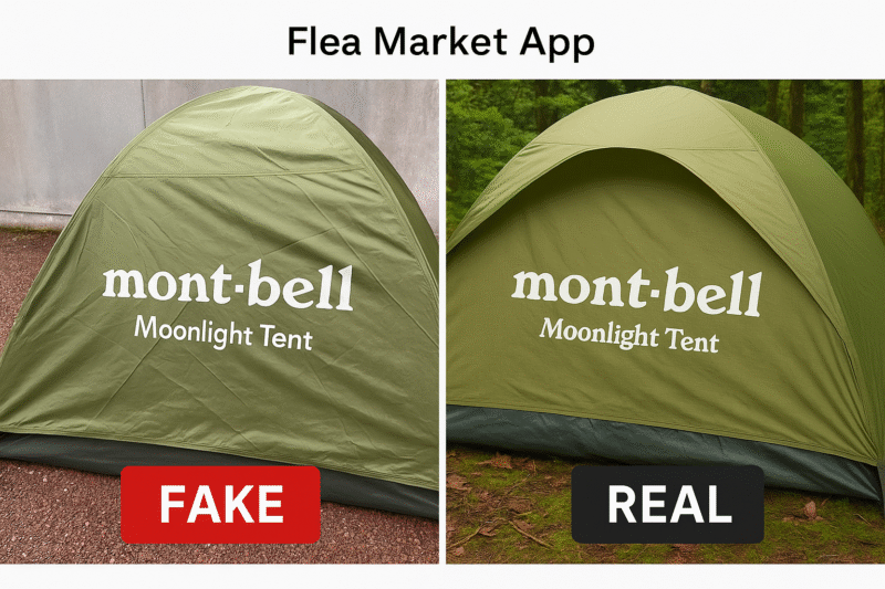 フリマアプリ上で比較表示される「FAKE」品と「REAL」品(並列構成)