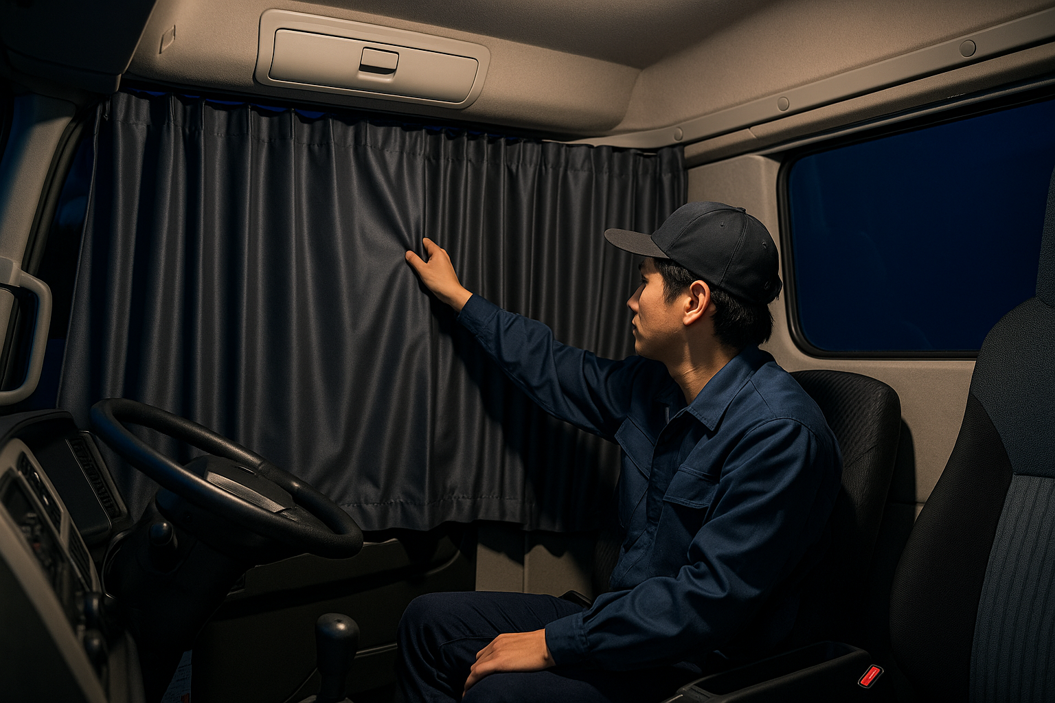 トラック車内にカーテンを正しく設置している様子の全景写真