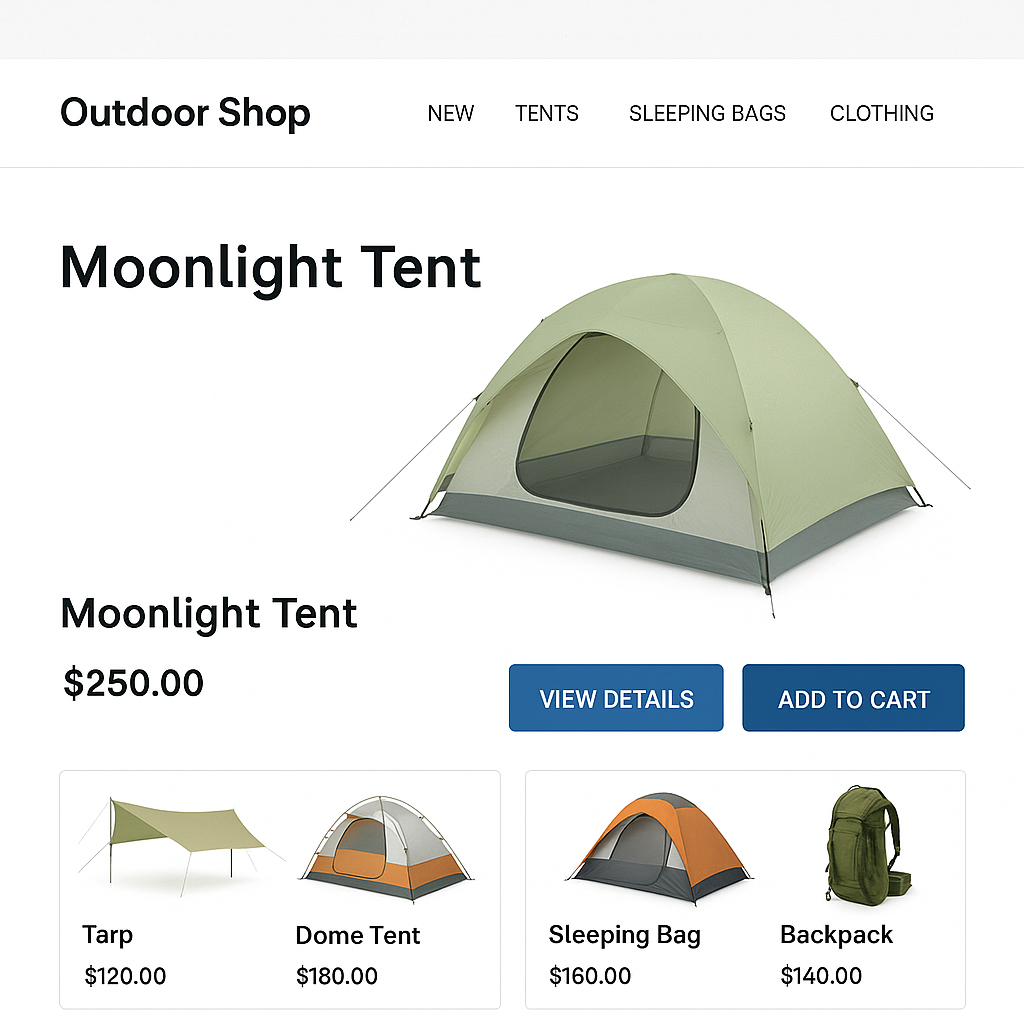 商品ページに「Moonlight Tent」を中心に、価格付きアウトドア用品が並ぶ通販画面風レイアウト