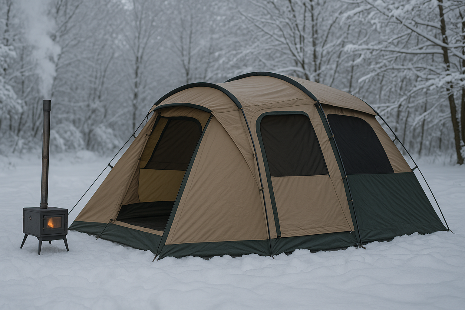 ・冬キャンプで設営されたタフスクリーン2ルームハウス（雪景色・薪ストーブが見える）